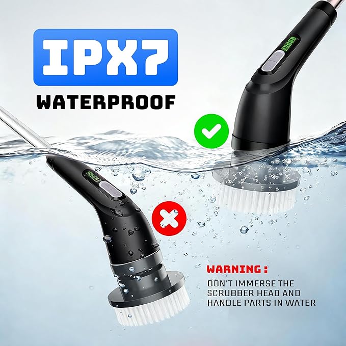 Shower Scrubber with Long Handle - Bathroom Power Electric Spin Scrubber for Cleaning Bathtub with 7 Brush Heads - Cordless IPX7 Waterproof Automatic for Grout Tile Tub Toilet Car