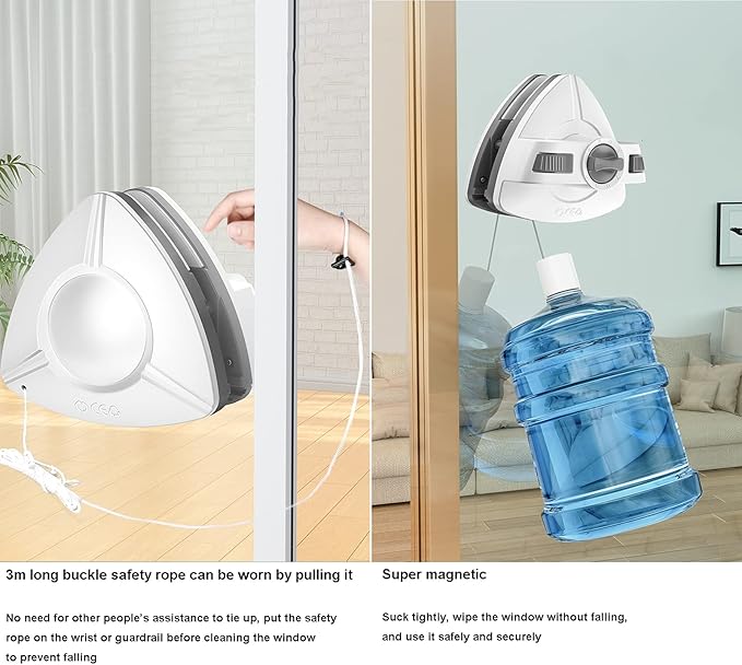 Magnetic Window Cleaner Double-Sided Magnetic Window Cleaner Glass Adjustable Magnet Force Cleaning Brush Glass Wiper Household Cleaning Tools with Anti-Falling Rope for High-Rise Glazed Window