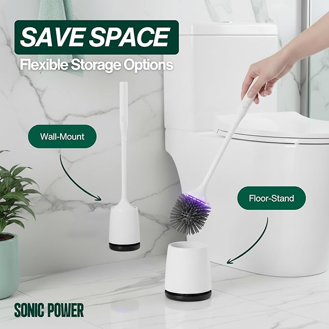 Electric Toilet Brush &amp Scrubber – Self Cleaning Silicone Toilet Bowl Brush with UVC Light Rechargeable Wireless Spinning Toilet Brush &amp Holder Set Wall Mount or Floor Standing (2 Pack)