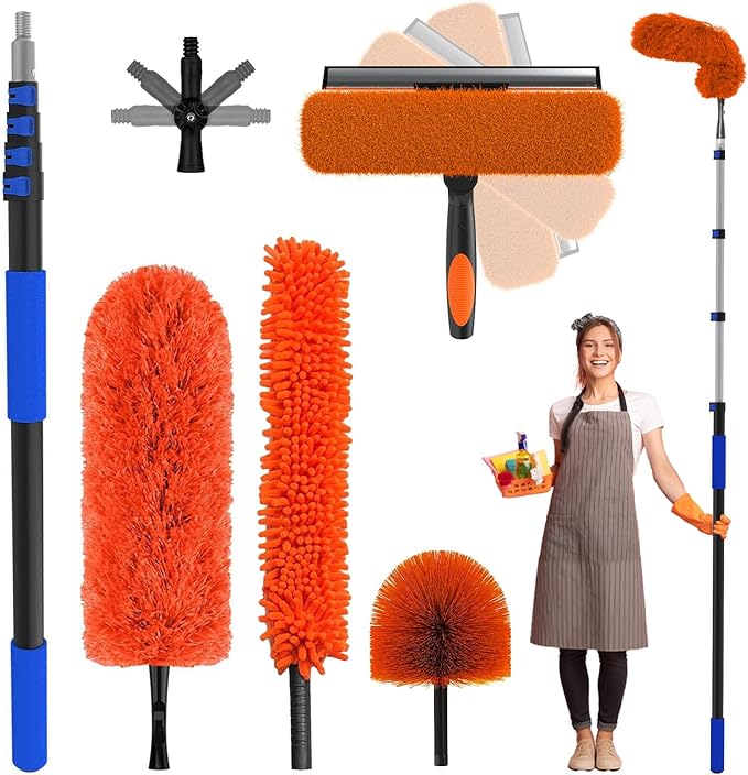 26 Foot High Reach Duster Kit with 5-20 ft Telescoping Extension Pole High Ceiling Duster Cobweb Duster Window Squeegee Feather Duster Outdoor &amp Indoor Extendable Duster Cleaning Kit