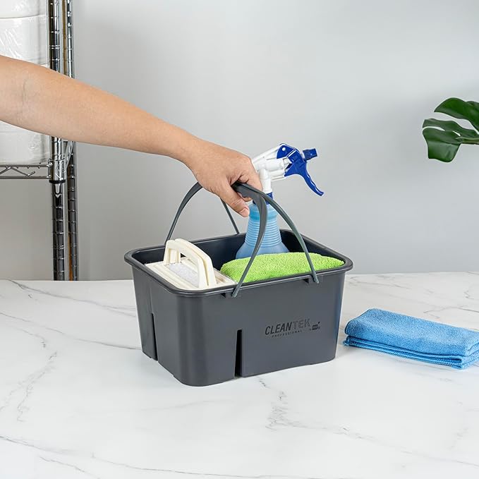 Restaurantware-Clean Tek Professional Cleaning Caddy 1 Cleaning Supply Caddy With Handle - 4 Compartment Multipurpose Gray Plastic All-Purpose For Bathroom Bedroom Kitchen Or Garden