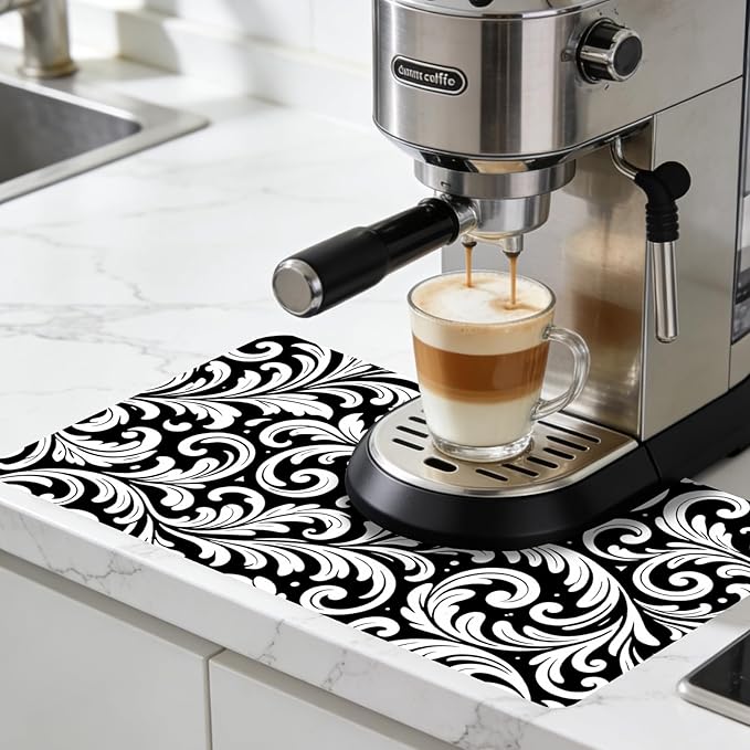 Nuxovilar Coffee Bar Mat Black White Floral Scroll Pattern Dish Drying Pad Natural Rubber Canvas 16.92 x 31.1 inchs Coffee Accessories Counter Surface Beverage Corner Home Cafe
