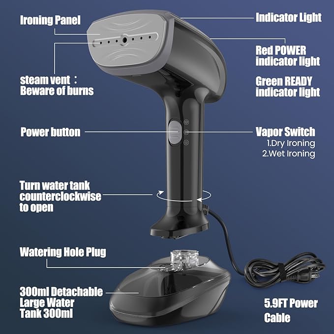 Powerful Handheld Fabric Steamer - 1800W with Fast Ceramic Heat-Up Plate 2-in-1 Ironing &amp Wrinkle Remover Steam Nozzle Lint Brush - Black for US 120V Only