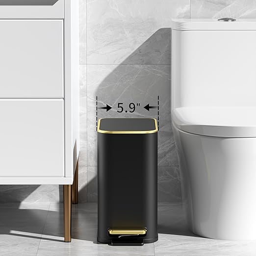 TIPGO Small Bathroom Trash Can with Lid Soft Close Step Pedal 5 Liter / 1.3 Gallon Stainless Steel Trash Bin Slim Garbage Cans for Toilet Office Bedroom (Black)