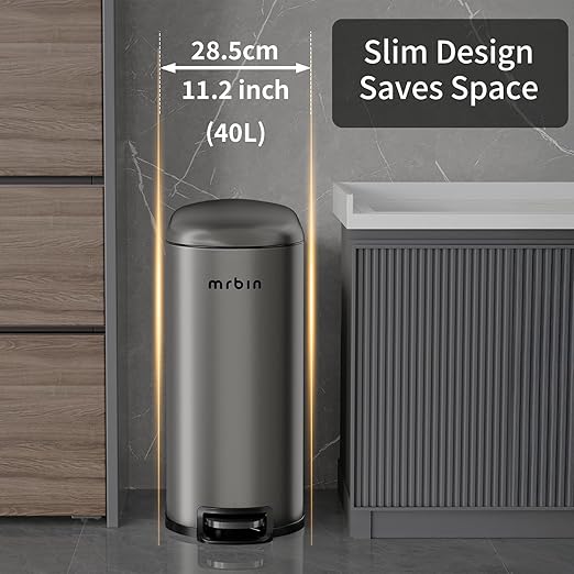 MRBIN Stainless Steel Kitchen Trash Can with Lid 10.5 Gal / 40L Slim Step Commercial Waste Basket with Inner Bucket Soft Close Covered Skinny for Narrow Bedroom Living Room Rvs Eclipse Grey