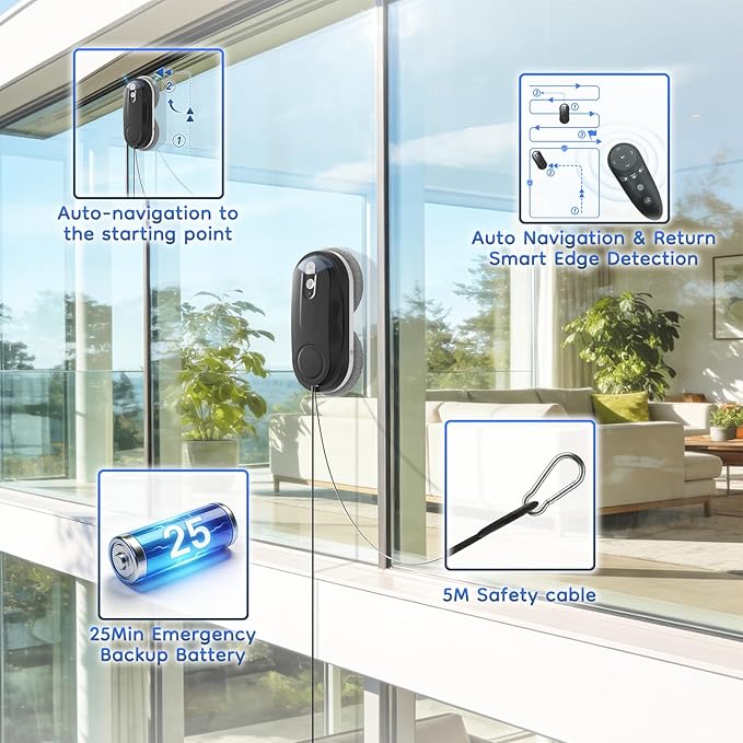 Obito X3 Window Cleaning Robot Dual Nozzles with Ultrasonic Spray 5.0 AI Path Planning Max 3200Pa &amp Steady-Climbing System Automatic Edge Detection Robot Window Cleaner Inside/Outside Black