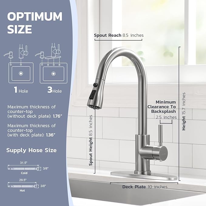 WEWE Kitchen Faucet with Soap Dispenser and Pull Down Sprayer RV Single Handle Classic 3 Modes Stainless Steel Faucet for Kitchen Sink RV Stainless Steel