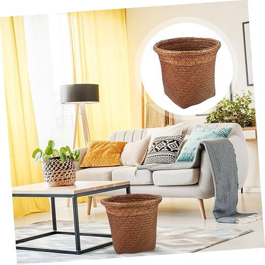 PRETYZOOM Straw Woven Garbage Can Large Wastebasket Rattan Rubbish Container for Kitchen Bedroom Office Bathroom Dormitory Storage Bin