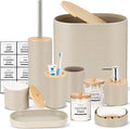 IMAVO Bathroom Accessory Set-11Pcs Beige Bathroom Accessories Set with Trash CanSoap DispenserSoap DishToothbrush HolderToothbrush CupToilet Brush HolderQtip Holder Dispenser with Labels