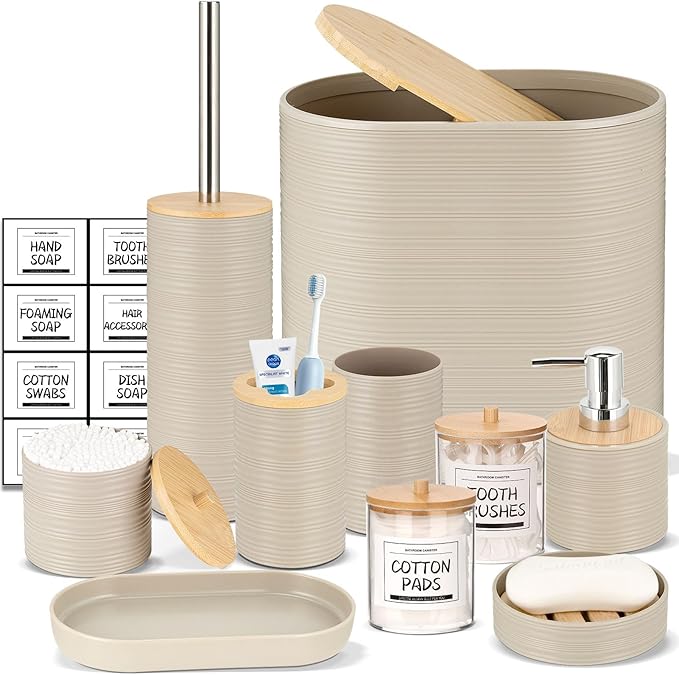 IMAVO Bathroom Accessory Set-11Pcs Beige Bathroom Accessories Set with Trash CanSoap DispenserSoap DishToothbrush HolderToothbrush CupToilet Brush HolderQtip Holder Dispenser with Labels