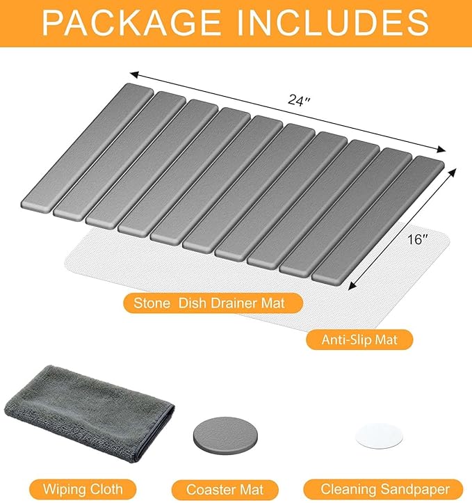 Stone Dish Drying Mat for Kitchen Counter 24(L)×16(W) Collapsible Fast Drying Diatomaceous Earth Mats with Towel Sanding ToolVersatile Stone Drying Mats for Cups Dishes Bottles Bathroom -Gray