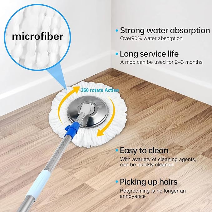 Spin Mop and Bucket with Wringer Set 360° Spin Mop &amp Bucket Floor Cleaning System Mop Bucket with 61 Adjustable Extended Handle 3 Replacement Microfiber Refills Set of 2