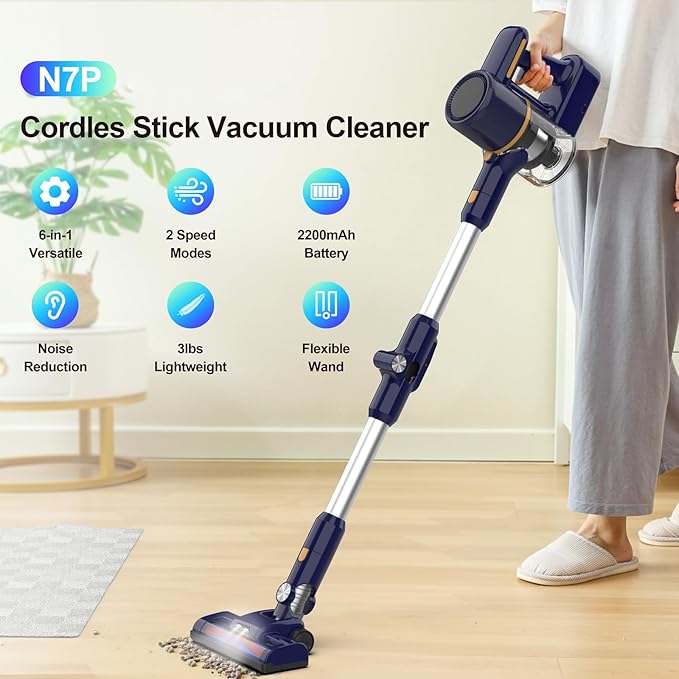 N7P Cordless Vacuum Cleaner 6 in 1 Powerful Stick Vacuum for Home 2200mAh Battery Vacuum Rechargeable Lightweight Vacuum Cleaners for Hardwood Floors Pet Hair (Navy)