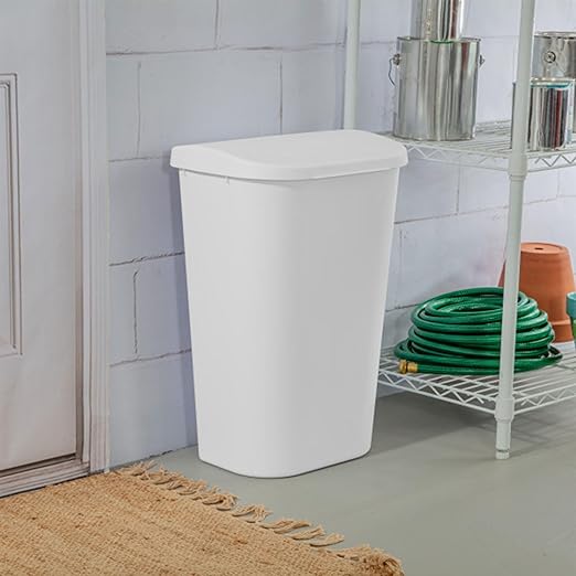 Sterilite 11.3 Gallon D Shape Flat Side Lift Top Lid Wastebasket Trash Can for Kitchen Home Office and Garage or Workspace White (18 Pack)