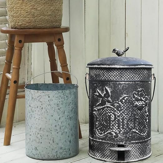 Farmhouse Garbage Can with Lid Indoor Outdoor Trash Can with Embossed Bird and Flowers PatternMetal Retro Kitchen Trash Can with Lid for Kitchen Room and Garden Decor (Black)