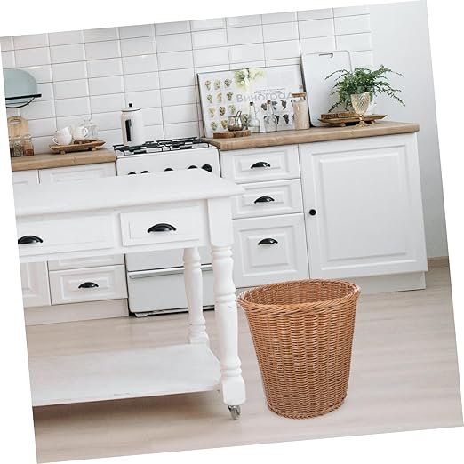 Home Decor Home Decor Waste Basket 1Pc Office Trash Can Simulated Rattan Woven Wastebasket Trash (Beige) Bathroom Office