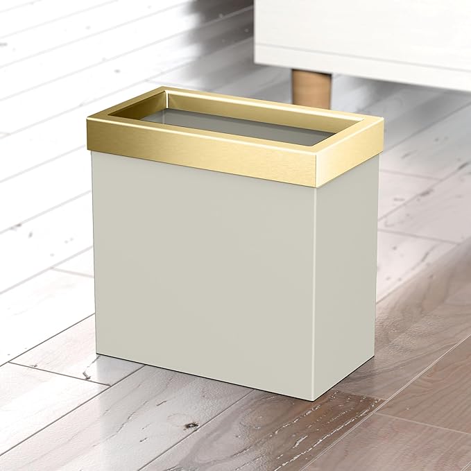 Gatco Modern Rectangle Wastebasket Matte Pearl and Brushed Brass Combo - Stainless Steel Trash Can with Removable Lid Leakproof 3 Gallon Capacity for Bathroom Bedroom Kitchen or Office