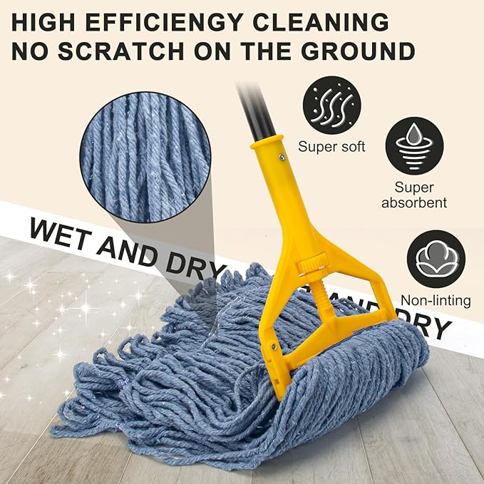 Commercial Industrial Mop with 3 Extra Large Reusable Replacement Head59 Long Handle Heavy Duty Wet MopsLooped-End String Cotton Mop for Floor CleaningHouseKitchenOfficeGarageTile(Yellow)