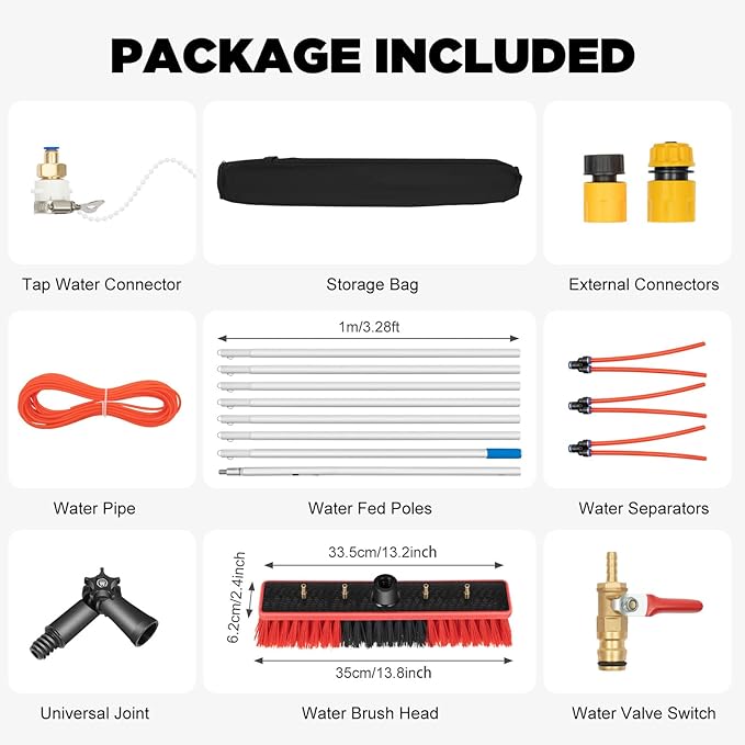 24.3FT Window Cleaning Water Fed Brush Kit 13.2'' Detachable Brush Head Window Glass Washing Cleaner Equipment Kit 8 Adjustable Telescopic Pole Tool for Household &amp Outdoor