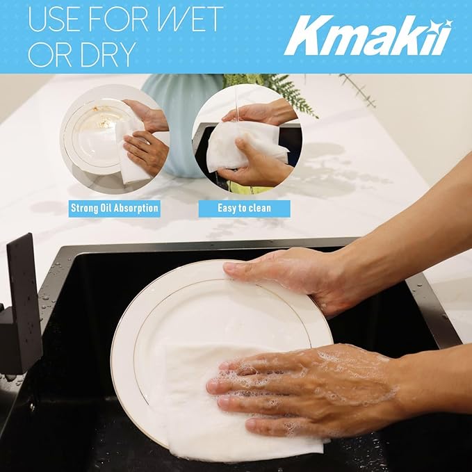 KMAKII Handi Wipe Reusable Cloths - Multi-Purpose Disposable Dish Cloths and Towels Ultra Absorbent Fast-Dry Durable Cleaning Wipes for Kitchen and Home White 11.8 x 21 inches Pack of 80