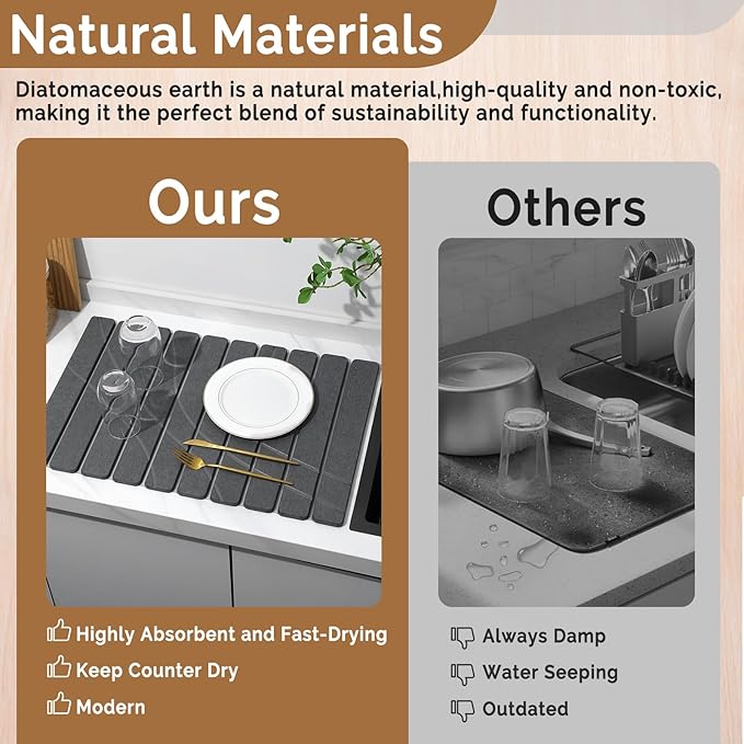 Large Stone Dish Drying Mat for Kitchen Counter2 PCS Quick Dry Stone MatsFoldable Water Absorbing Diatomaceous Drying Pad for Countertop Bottles Utensils Cups (Flow Line Dark Gray 24x16 &amp 8x4