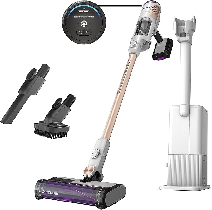 Shark IW3511 Detect Pro Auto-Empty System Cordless Vacuum with HEPA QuadClean Multi-Surface Brushroll 60-Minute Runtime Includes 8 Crevice Tool &amp Pet Multi-Tool White/Beats Brass (Renewed)