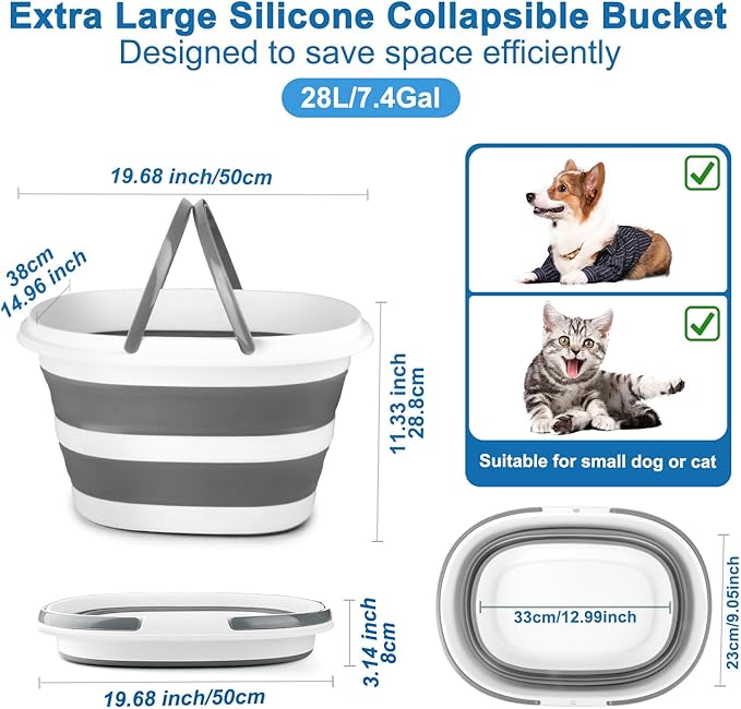 28L Large Collapsible Mop Bucket with Handle for Cleaning Silicone Portable Pet Bathtub for Puppy Small Dogs Cats Foldable Laundry Basket Hamper Clothes Storage Bin Space Saving Design for RV