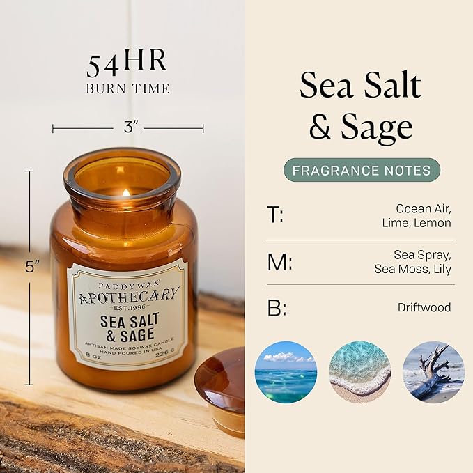 Paddywax Artisan Apothecary Scented Candle with Lid in Reusable Glass Jar Clean-Burn Soy Candle with Approx. 54 Hour Burn Time Sea Salt &amp Sage 8 oz.