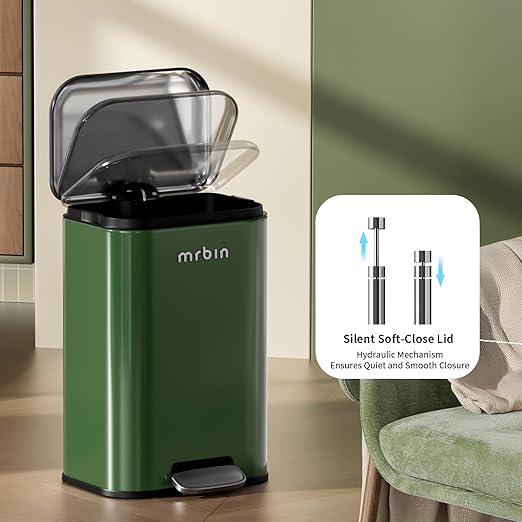 MRBIN Bathroom Trash Can with Lid Metal Step Kitchen Waste Basket Touchless Soft Close 20L / 5.2gal Rectangle Garbage Bucket with Stainless Steel Pedal for Office Bedroom Accessories Green