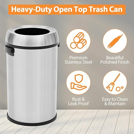 GarveeHome 17 gal/65 L Open Top Trash Can Stainless Steel Rubbish Bin Commercial Grade Waste Container Round Garbage Can for Outdoor Home Office Restaurant Silver