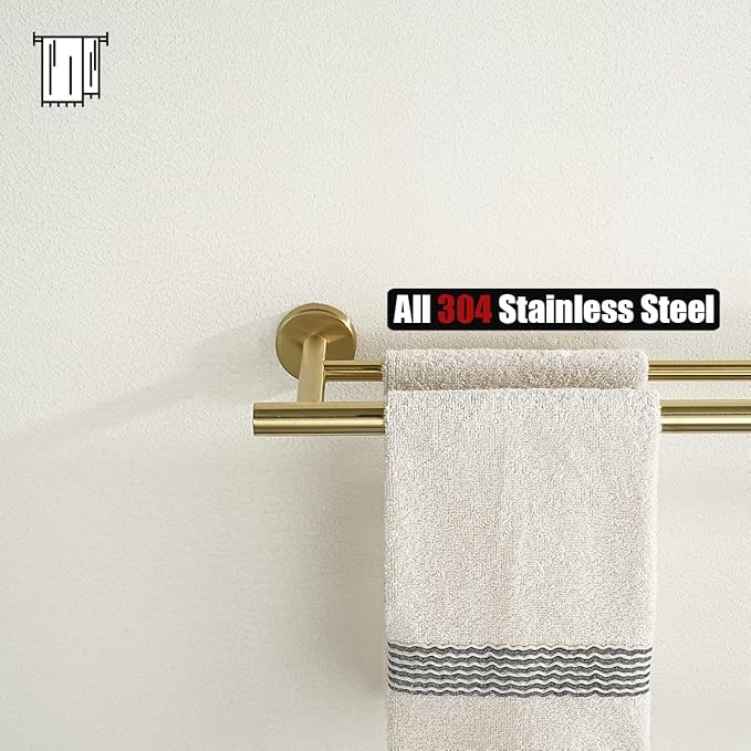 JQK Gold Double Towel Bar 19 Inch 304 Stainless Steel Thicken 0.8mm Towel Rack Bathroom Towel Holder Brushed Gold Wall Mount Useable Length 16 Inch TB100L16-BG