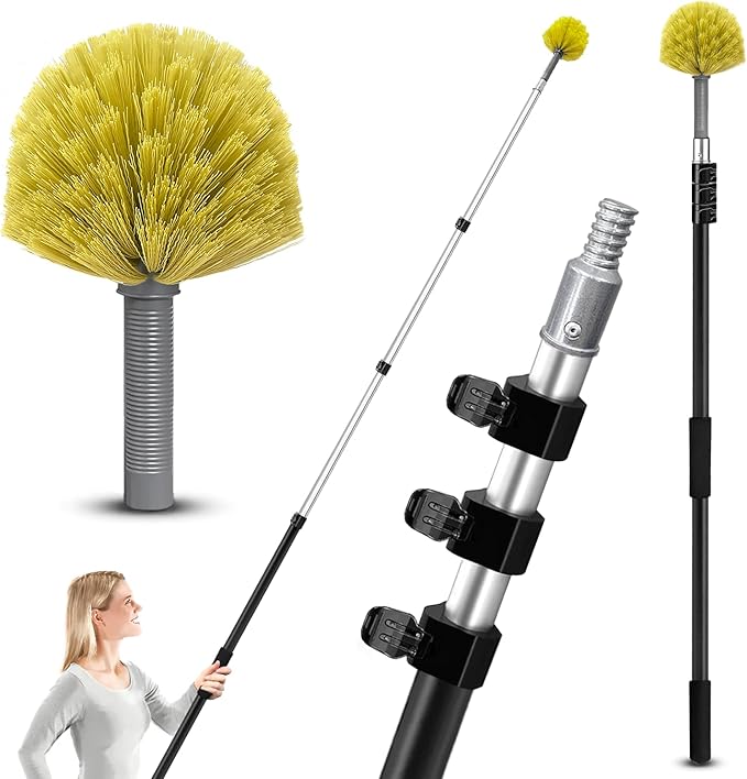 4-12ft Cobweb Duster with Extension Pole 20 Foot High Reach Feather Dusters with Bristles for Cleaning Outdoor Indoor 4-Stage Spider Web Remover with Telescopic Pole for Ceiling Wall Yellow