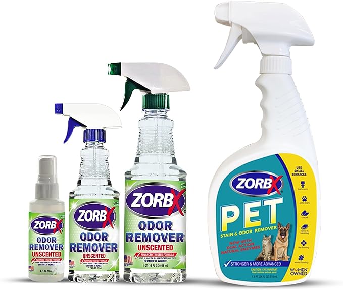 ZORBX Rapid Acting Odor Remover Bundle – Includes Multipurpose Odor Remover Value Pack (2Oz +16Oz +32Oz) &amp Dual Action Pet Stain Remover &amp Odor Eliminator Spray (24 Oz)