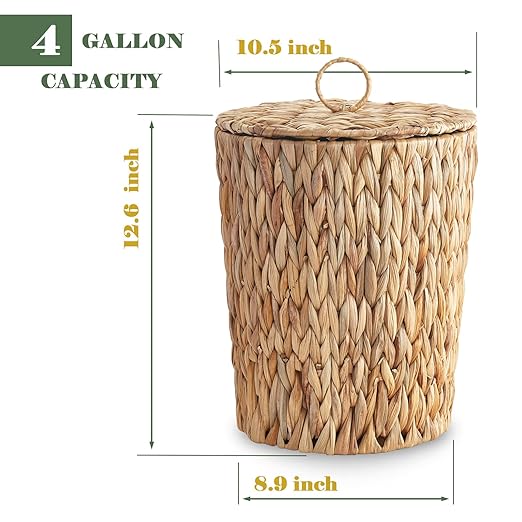 4 Gallons Wicker Trash Can with Lid - Bathroom Garbage Can - Boho Hand Woven Natural Water Hyacinth Wicker Waste Basket for Bedroom Living Room Home Office