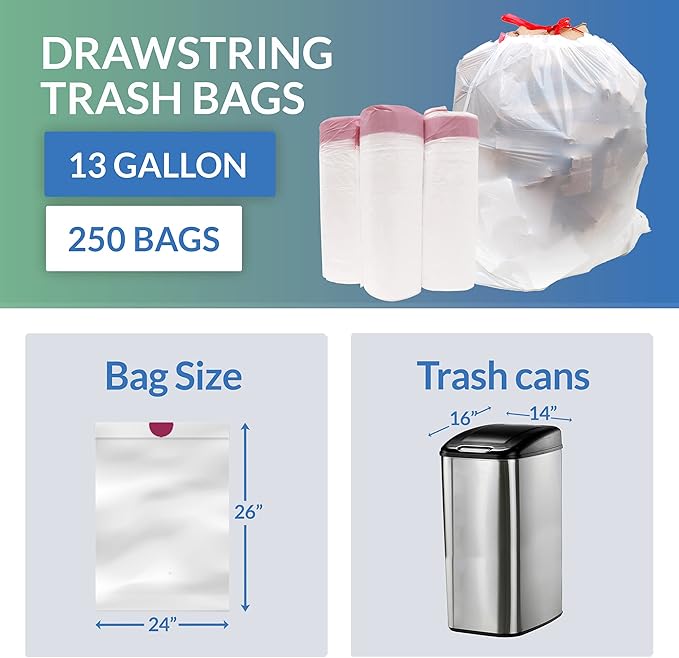 Reli. Drawstring Trash Garbage Bags Tall Kitchen 250 Count Bulk White 13 Gallon - 16 Gallon Capacity