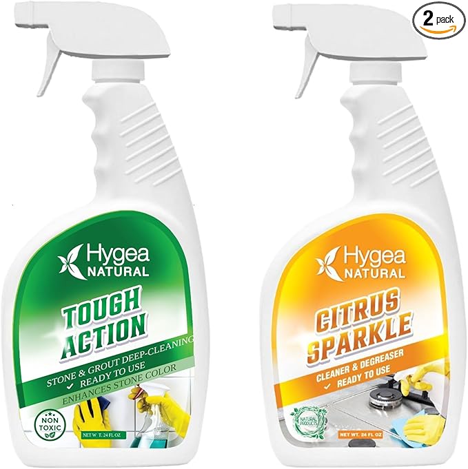 Hygea Natural Tough Action Tile &amp Grout Deep Cleaning Spray 24oz + Citrus Sparkle Heavy Duty Degreaser &amp All Purpose Cleaner 24oz Bundle - Removes Dirt &amp Scum without Harsh Chemicals