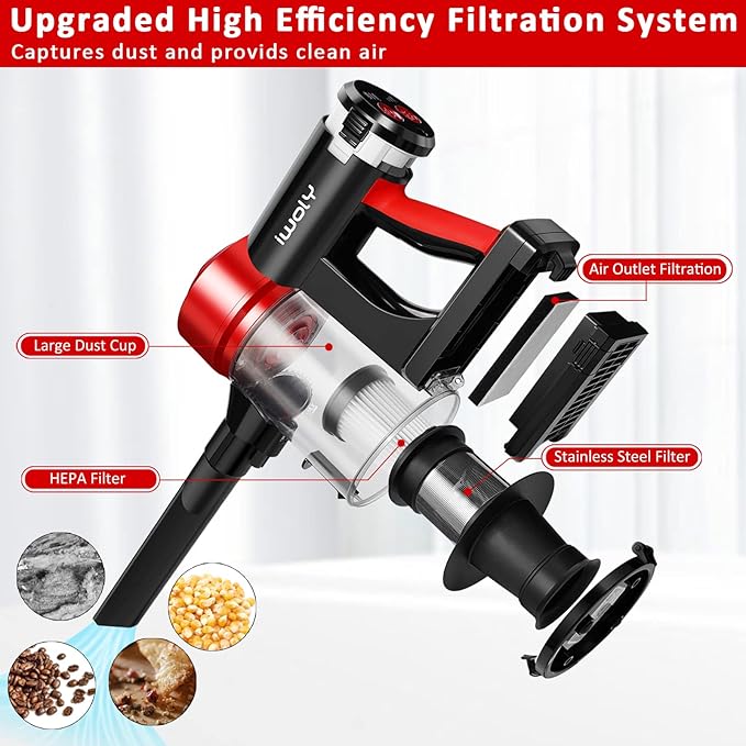 iwoly C150 Cordless Vacuum Cleaner Rechargeable with 2200mAh Detachable Battery 18000Pa Cyclone Vacuum with HEPA Filter Lightweight Portable Handheld Stick Vacuum for Hard Floor Car Cleaning