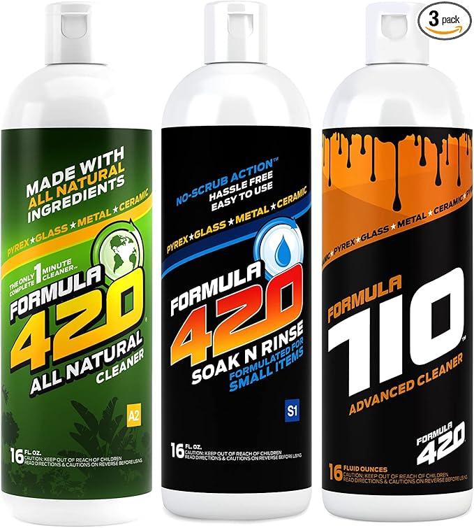 Formula 420 Bundle Pack : 1 Bottle ALL NATURAL Pipe Cleaner - Cleans - Glass Pyrex Metal Ceramic 16 oz 1 Bottle Soak-N-Rinse 16 oz &amp 1 Bottle Formula 710 Advanced Cleaner