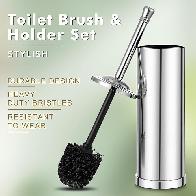 Chrome Toilet Brush and HolderToilet Bowl Brush with Long Handle for BathroomToilet Cleaner Brush-SpaceSavingCovered BrushDurable DeepCleaningSplash Resistant (Chrome)