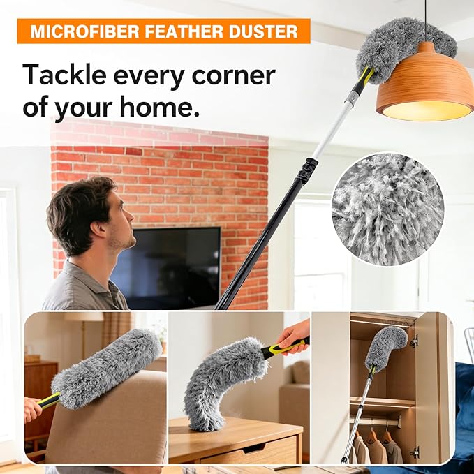4-12Ft Telescoping Extension Pole Kit 5-in-1 High Reach Duster with Chenille Window Squeegee Microfiber Feather Cobweb Duster for Ceiling Wall Hard-to-Reach Indoor &amp Outdoor Cleaning Yellow