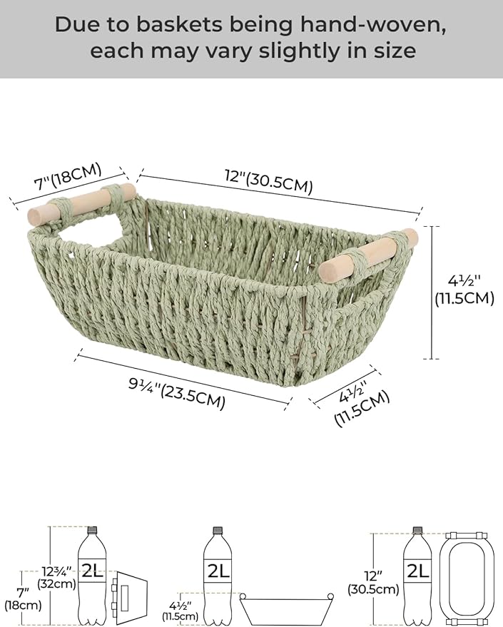StorageWorks Round Paper Rope Woven Basket with Wooden Handles for Gifts Small Woven Baskets for Shelf Bosana Green 2-Pack