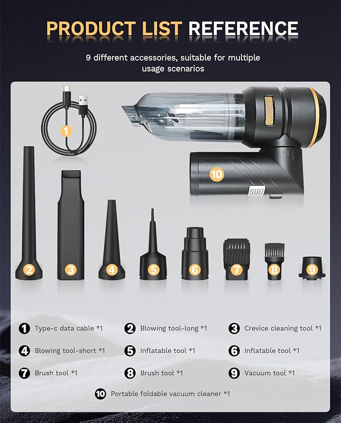 Baiwade Foldable Cordless Handheld Car Vacuum Cleaner 15000PA High Power 2-in-1 Mini Vacuum Duster &amp Inflator with 3-Speed Brushless Motor for Car Care Home Office Pet