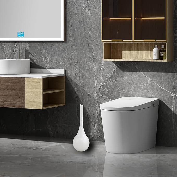 White Toilet Brush and Holder Set Modern Minimalist Bathroom Decor with Anti-Splash Shield Rust-Proof ABS Sleek Bath Accessories for Home &amp Apartment