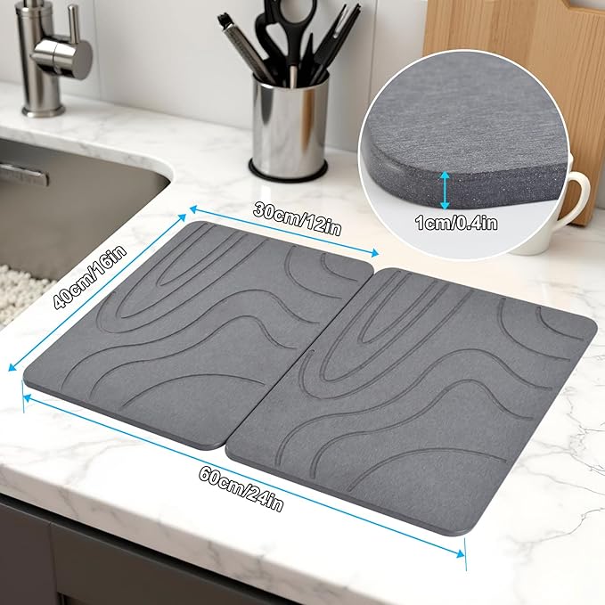 Stone Drying Mat for Kitchen Counter2 Pack 16''x12'' Quick Dish Drying Stone Mat KitchenDouble-sided Diatomaceous Earth Stone Drying MatNo Moisture Residue Stone Dish Drying Mat (Curved Stripes)