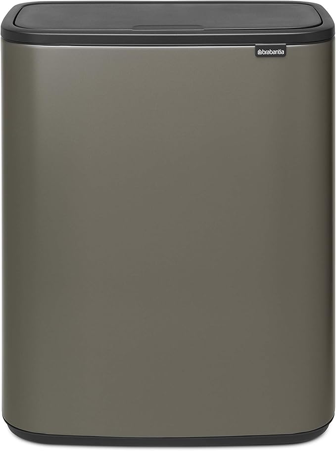 Brabantia Bo Touch Top Kitchen Trash Can with Dual Compartments | Platinum | 2 x 8 Gal Inner Buckets | Soft-Close Garbage Can Light Touch Opening Stay-Open Lid | Fits Against Wall | + Trash Bags
