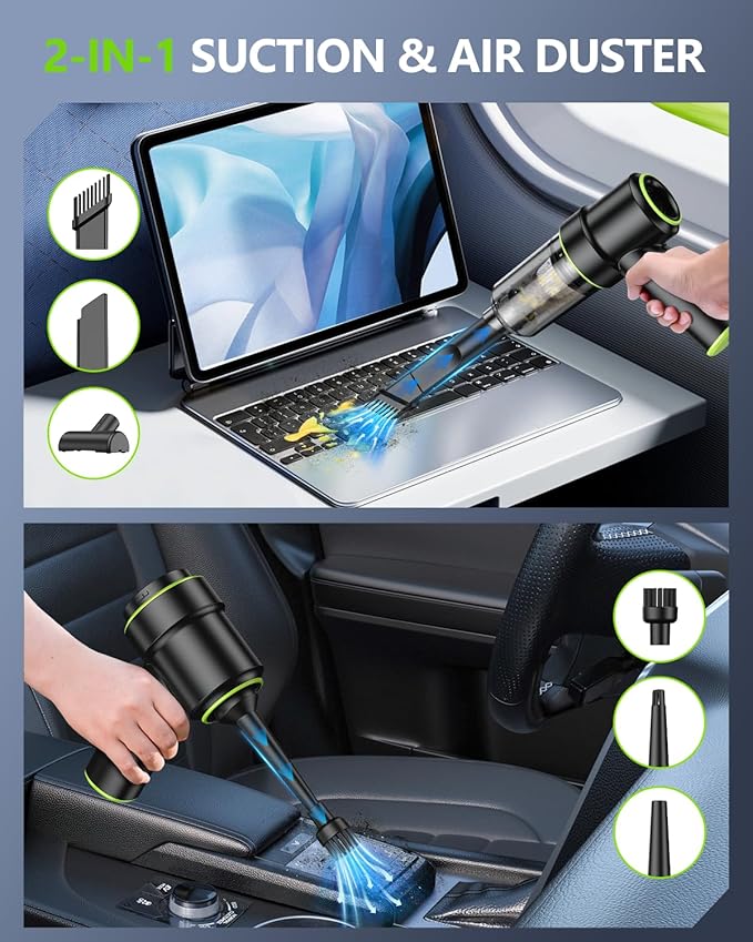 CODN Handheld Car Vacuum Portable Cordless 12000PA 2 in 1 Handheld Vacuum Cleaner and Air Duster with Multi-Nozzles and LED Light Mini Hand Held Vacuum Rechargeable for Home Car Office Pet Hair