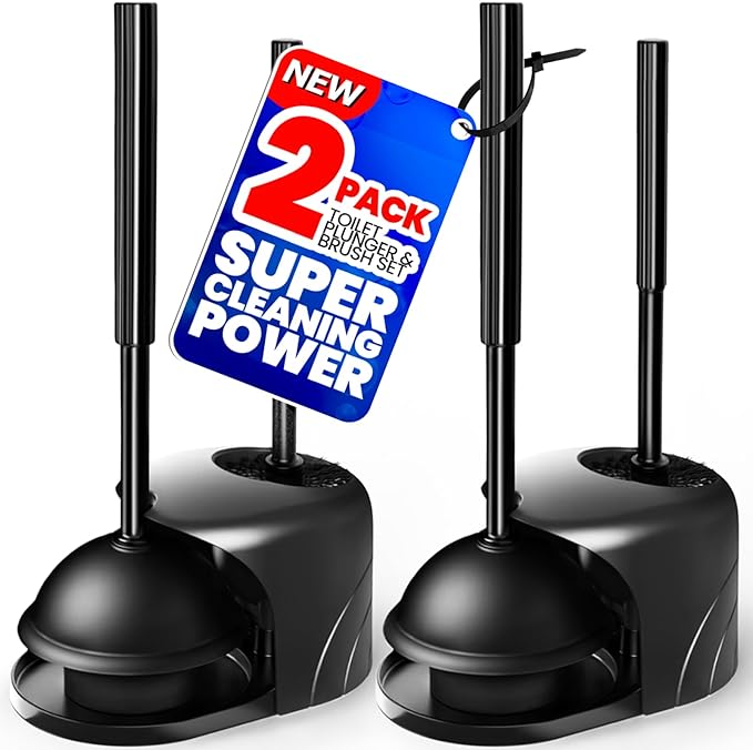 2Pack 2 in 1 Toilet Brush and Plunger Set Extended Handle PlungerToilet Bowl Brush Plunger SetBathroom Cleaning ToolsCleaning BrushToilet Brush Plunger Combo(Bright Black)
