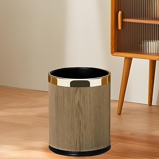 Trash Can Waste Basket PU Leather Stylish Modern Garbage Container Wastebasket for Under Desk Dorm Hotel Bedroom 10L Round Gold