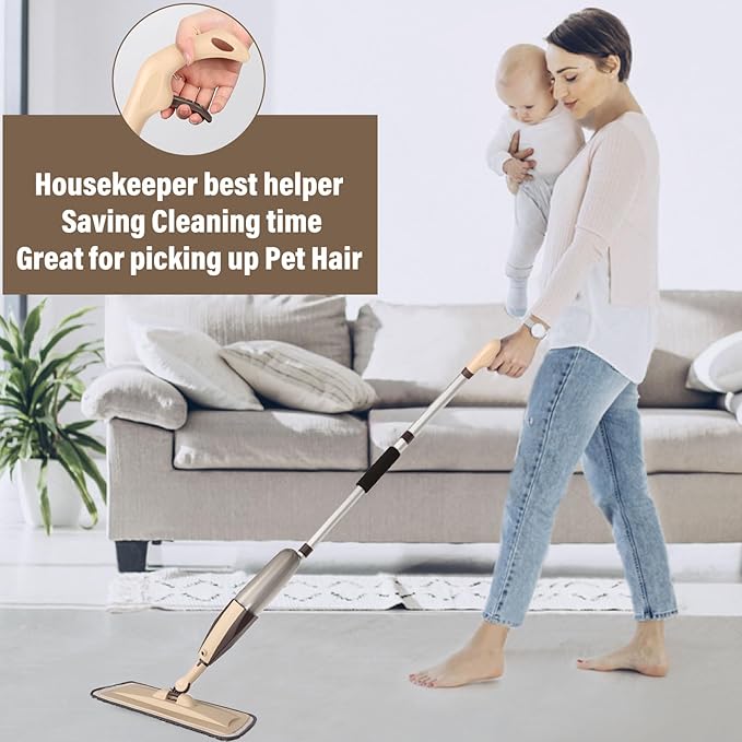 Mops for Floor Cleaning 50 inch Spray Mop with 400ml Refillable Bottle and 2 Replacement Pads Dry Wet FloorCleaning Household or Commercial Use for Hardwood Laminate Tile Ceramic (Brown)