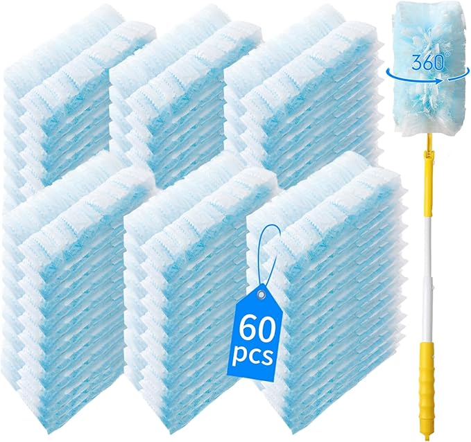 60 Count 360° Heavy Duty Duster Refills Compatible with SwifferLarge Size-Extra Thick Disposable Electrostatic Duster Refill with 1 Retractable Handle(35-inch Length Fully expanded)